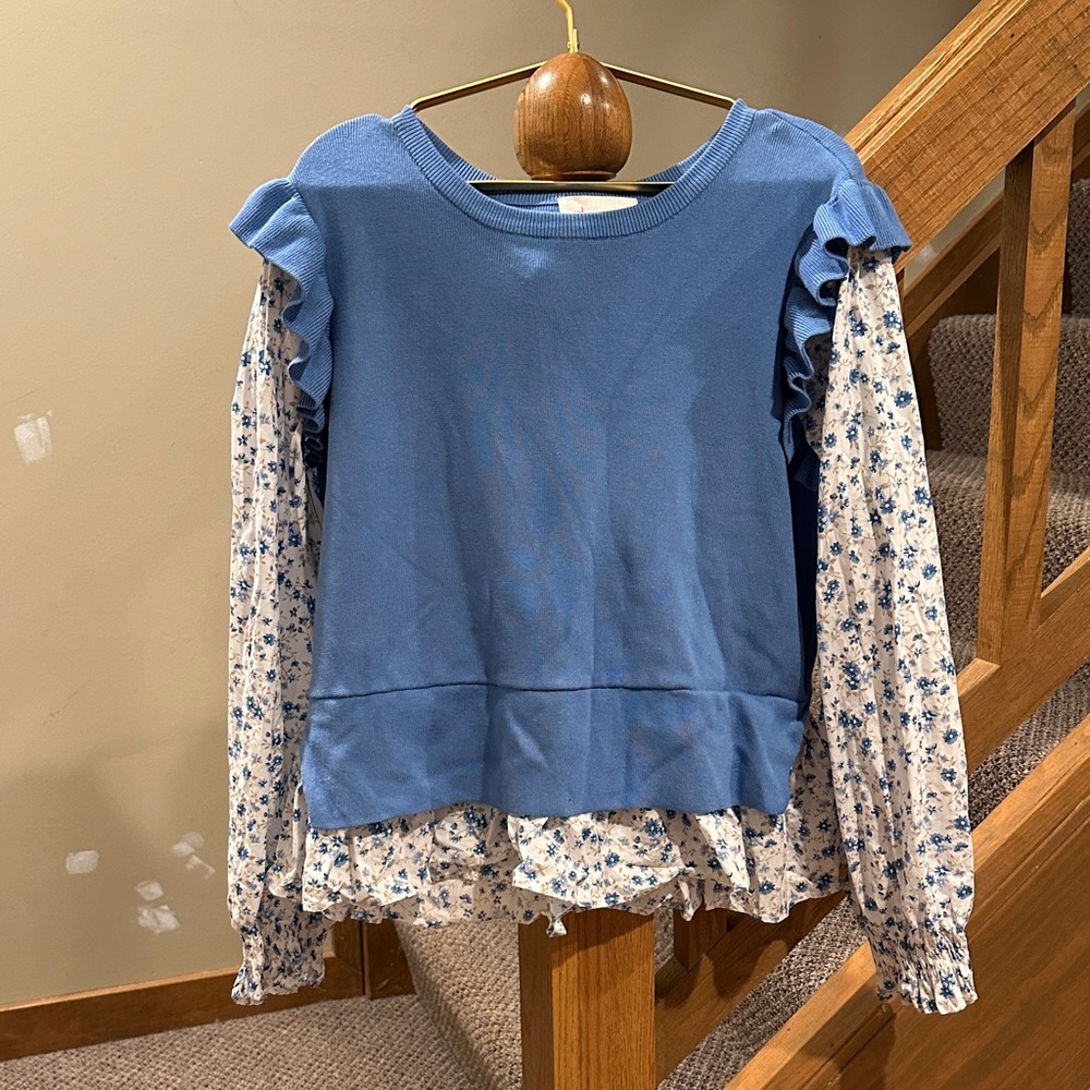Anthropologie Blue Layered Floral Crewneck Sweater